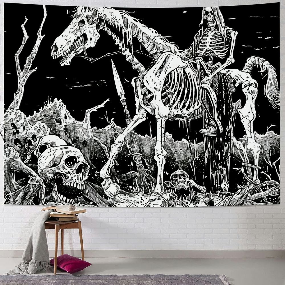 Black and White Goth Skull Tapestry for Bedroom, Gothic Skeleton Halloween Wall Tapestries Aesthetic, Horror Ghost Rider Night Sky Moon Dark Wall Hanging Decor for Living Room