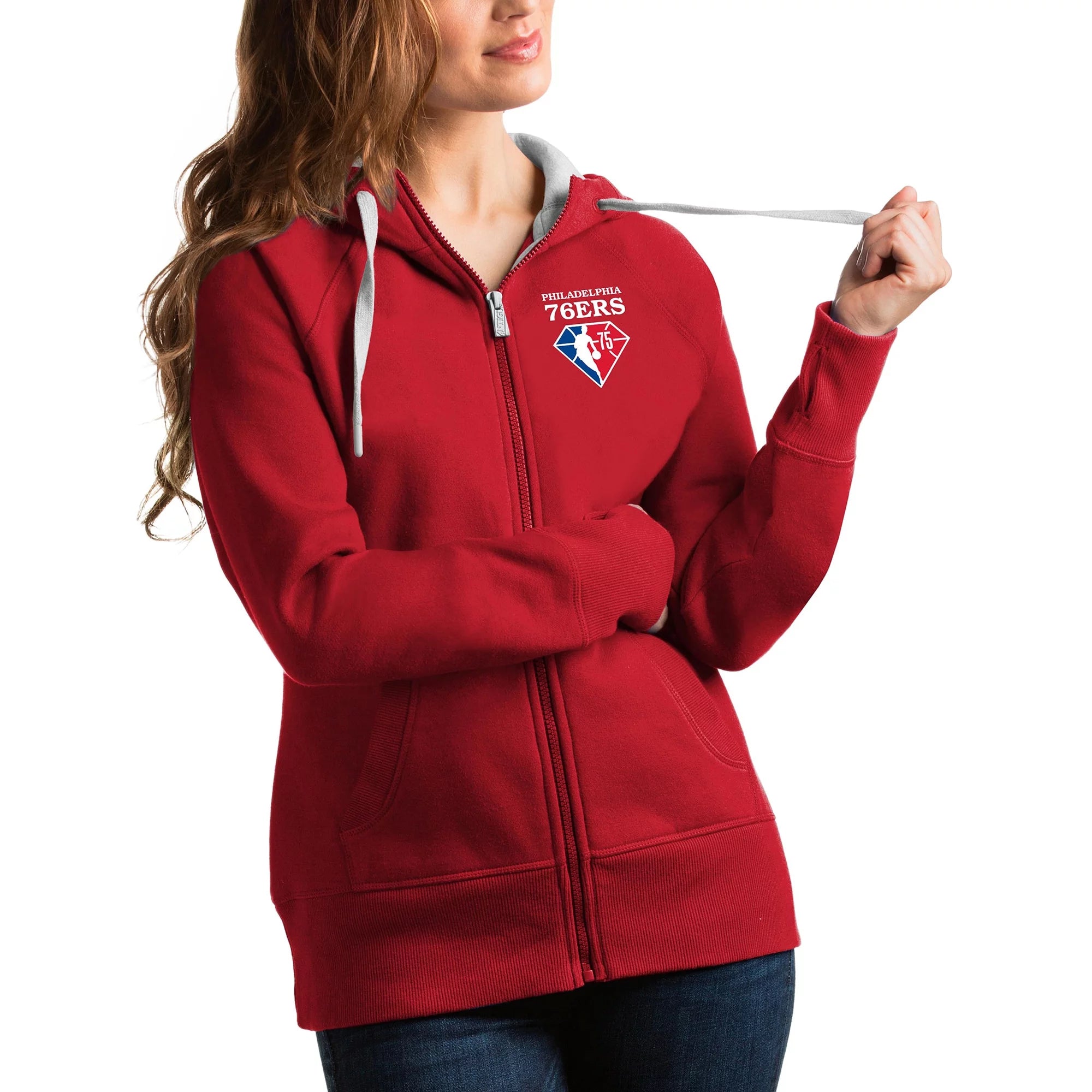 Women's Antigua Red Philadelphia 76ers NBA 75th Anniversary Victory Full-Zip Hoodie