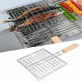Stainless Steel BBQ Grill Folding Grilling Basket Clip Holder with Wooden Handle