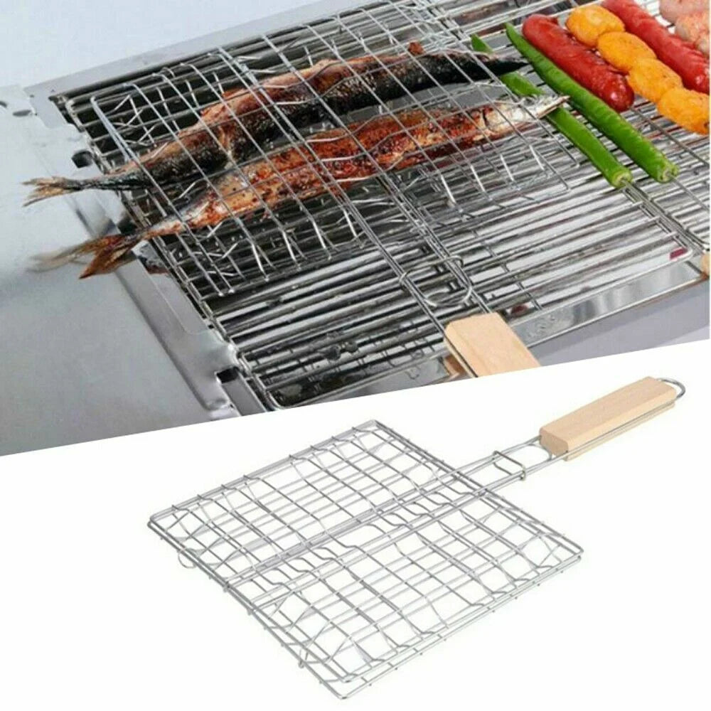 Stainless Steel BBQ Grill Folding Grilling Basket Clip Holder with Wooden Handle