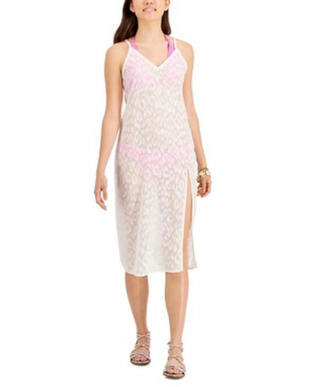 Miken Swim Womens Textured Slit Dress Deep V Neck Metallic, Choose Sz/Color: M/Beige