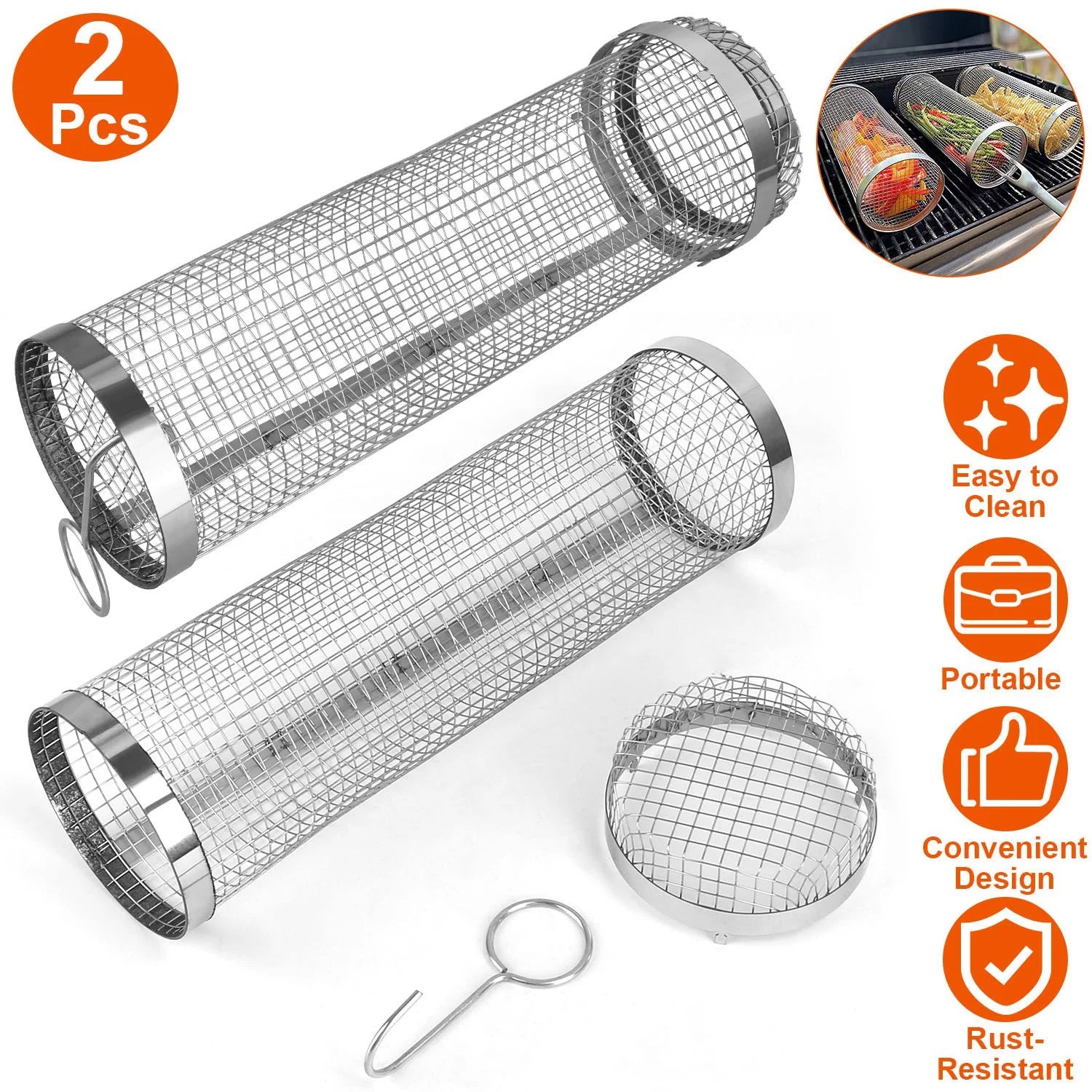 2Pcs iMounTEK Portable BBQ Rolling Basket Round Stainless Steel Grill Mesh Barbecue Net Tube with Removable Cover Outdoor Camping