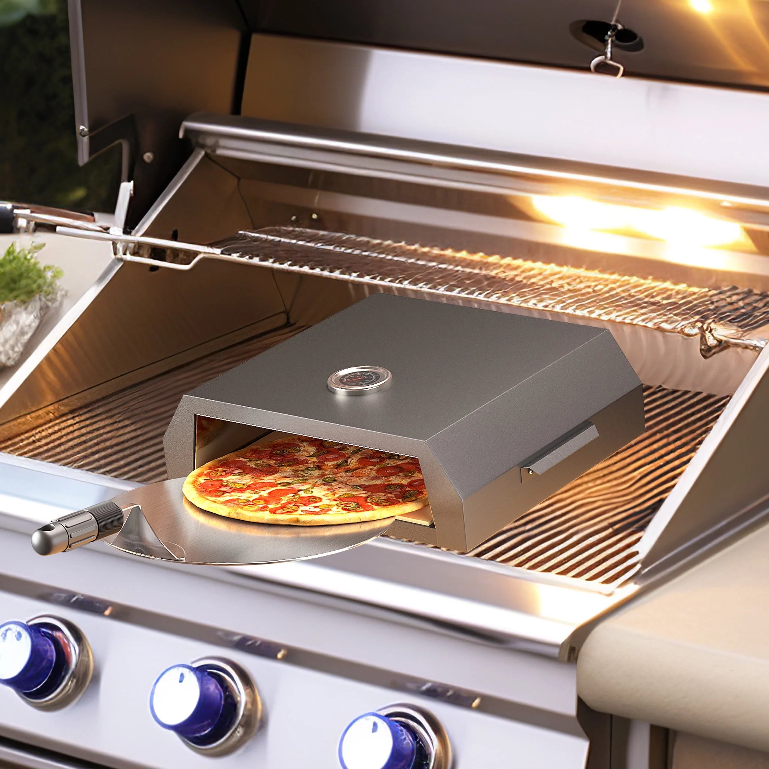 DWVO 12 Grill Top Pizza Oven, Outdoor Stainless Steel Pizza Oven with Built in Thermometer, Pizza Stone and Pizza Cutter, Black