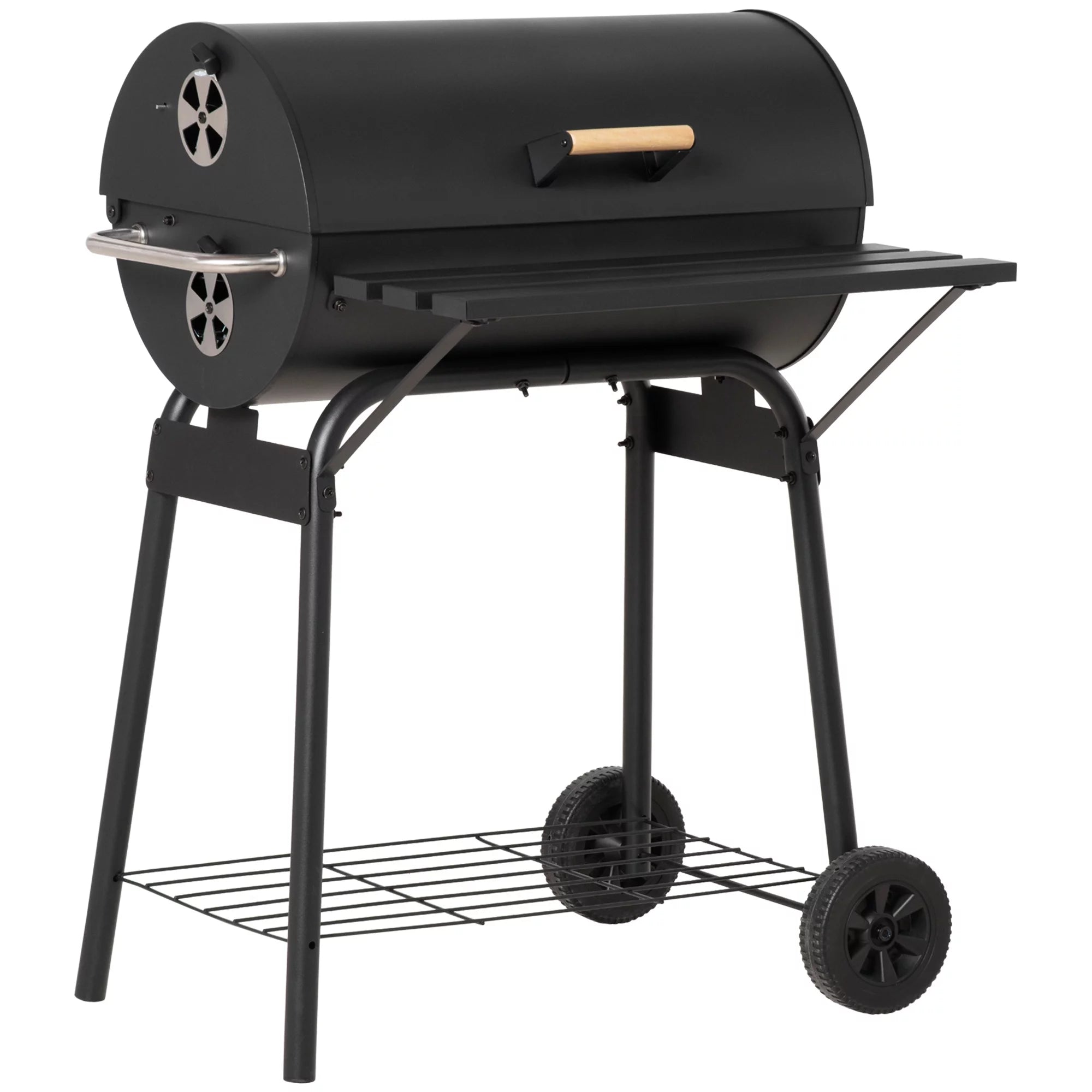 Homiyad 30 Portable Barrel Charcoal BBQ Grill, Steel Outdoor Barbecue Smoker with Storage Shelf, Wheels for Garden Camping Picnic, Black