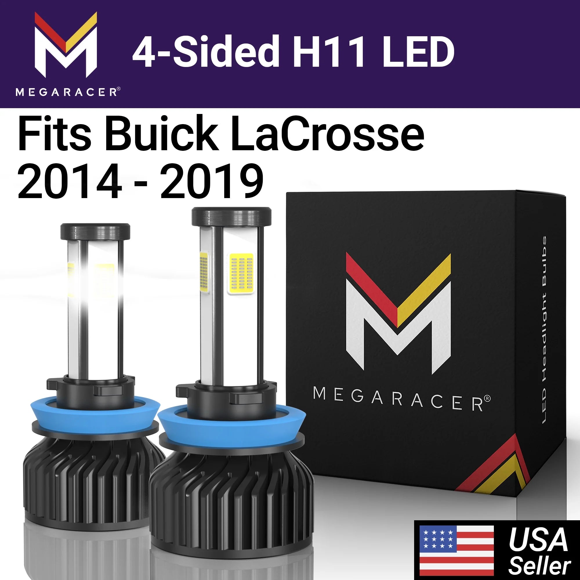 Mega Racer Buick LaCrosse 4 Sided H11 H9 H8 LED Headlight Bulbs 6000K Diamond White 12V 60W 10000LM Buick LaCrosse 2014 2015 2016 2017 2018 2019 14 15 16 17 18 19 Fog Light Automotive Replacement
