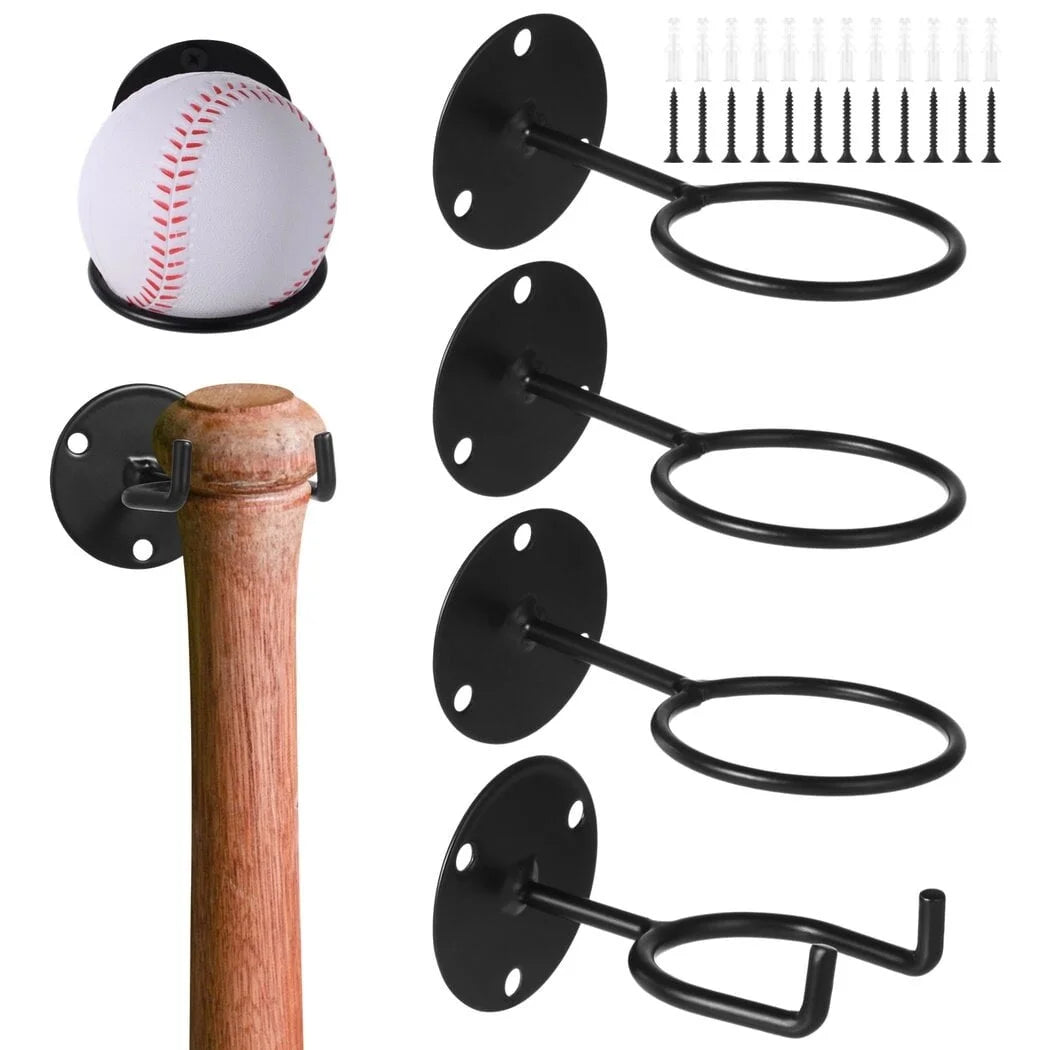 4 Packs Baseball Wall Mount Holders, Baseball & Bat Wall Organizer Racks with Expansion Tubes & Screws, Heavy-Duty Baseball Storage Hooks, Baseball Bat Holders Set