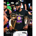 LeBron James Los Angeles Lakers Unsigned 2020 NBA Finals Bill Russell Finals MVP Trophy and Larry O'Brien Trophy Celebration Photograph