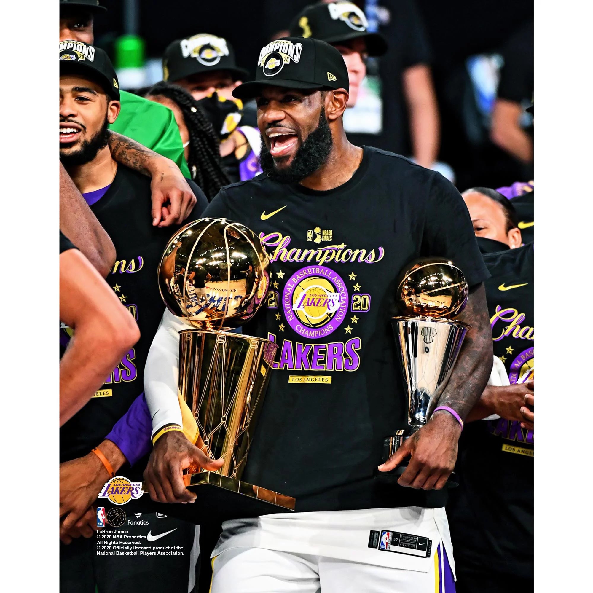 LeBron James Los Angeles Lakers Unsigned 2020 NBA Finals Bill Russell Finals MVP Trophy and Larry O'Brien Trophy Celebration Photograph