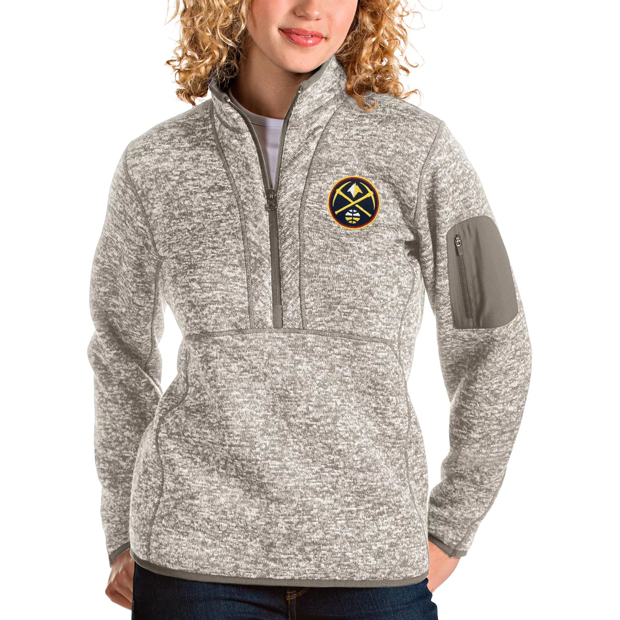 Women's Antigua Natural Denver Nuggets Fortune Quarter-Zip Pullover Jacket