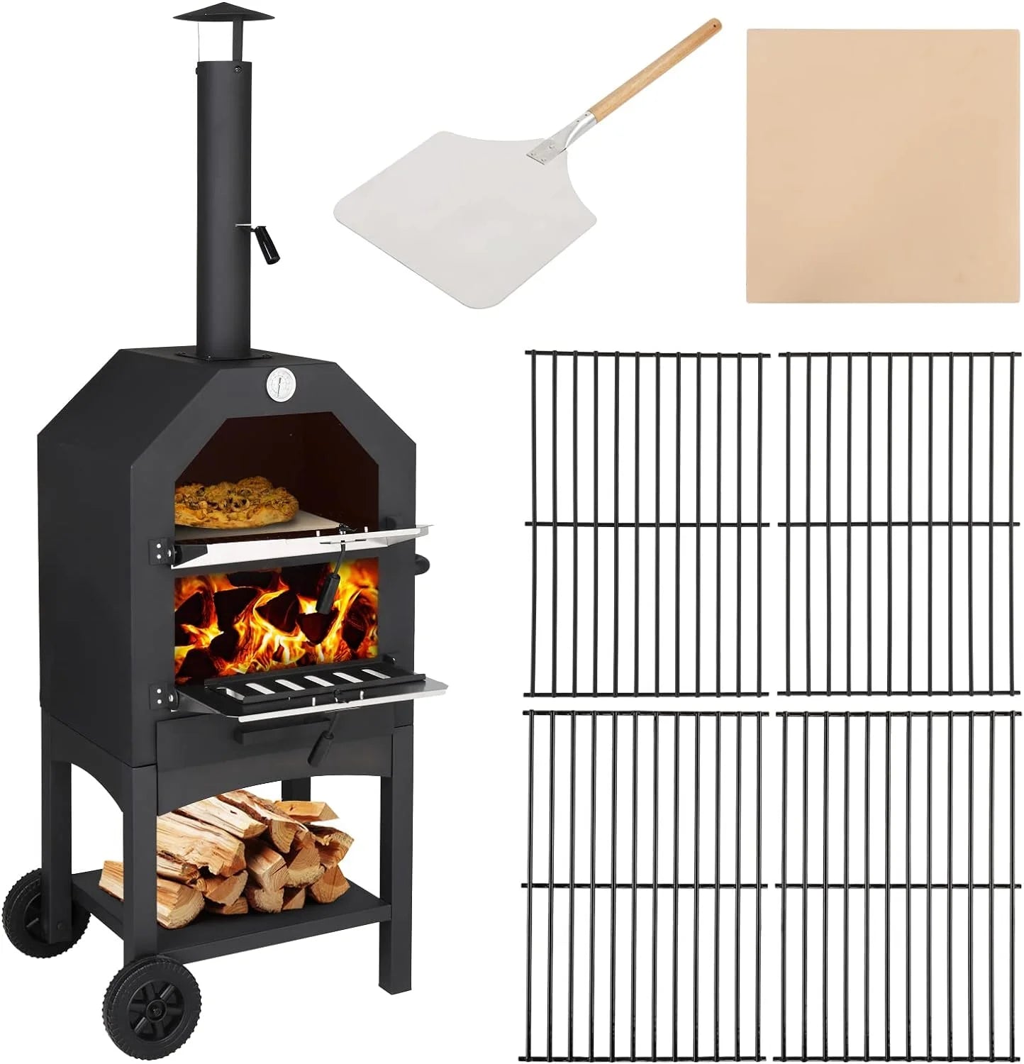 Outdoor Pizza Oven, Wood Fired Pizza Oven with Adjustable Chimney, Wheels, Pizza Stone, Pizza Peel, Grill Rack for Patio Cooking Picnic Party