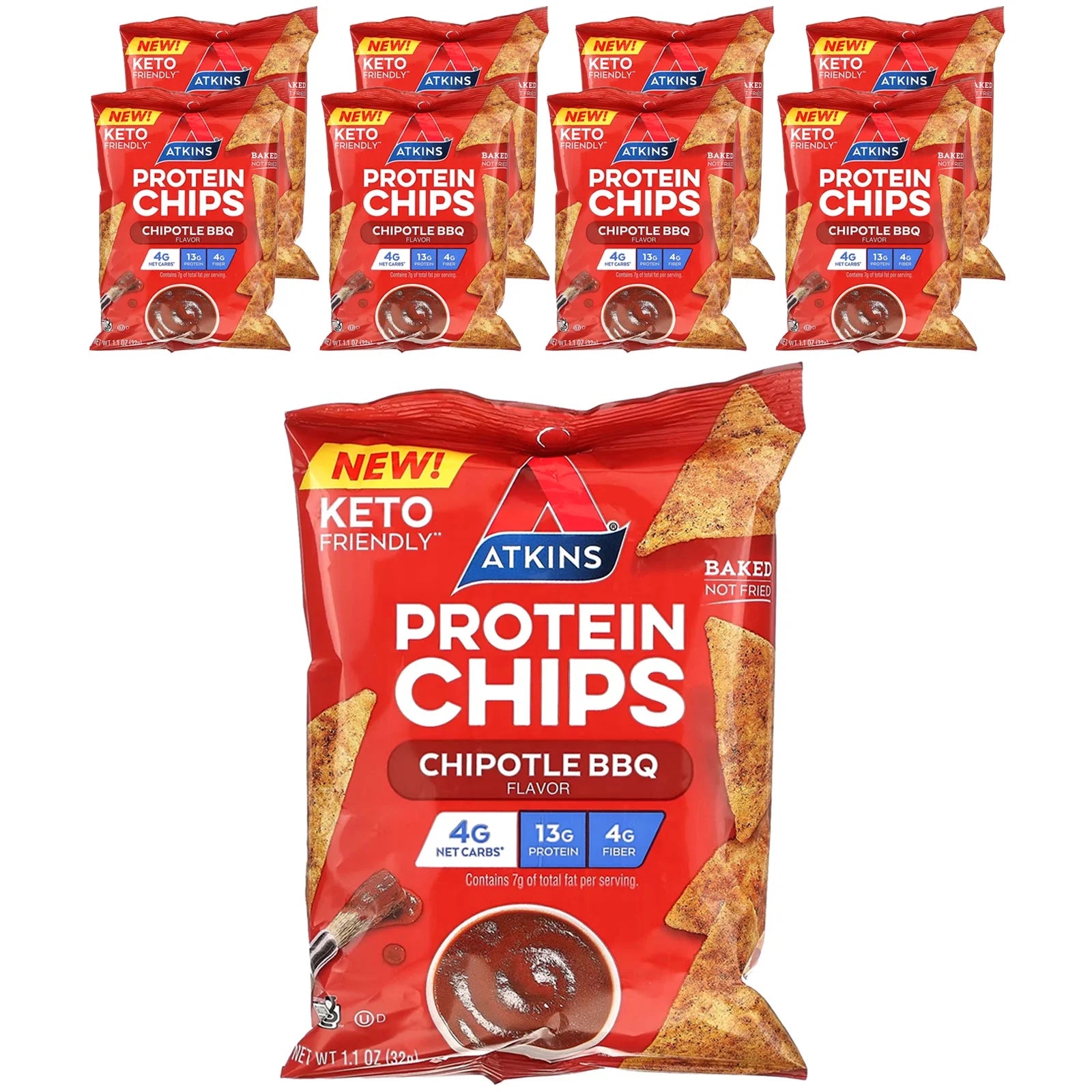 Atkins Protein Chips, Chipotle BBQ, 8 Bags, 1.1 oz (32 g) Each