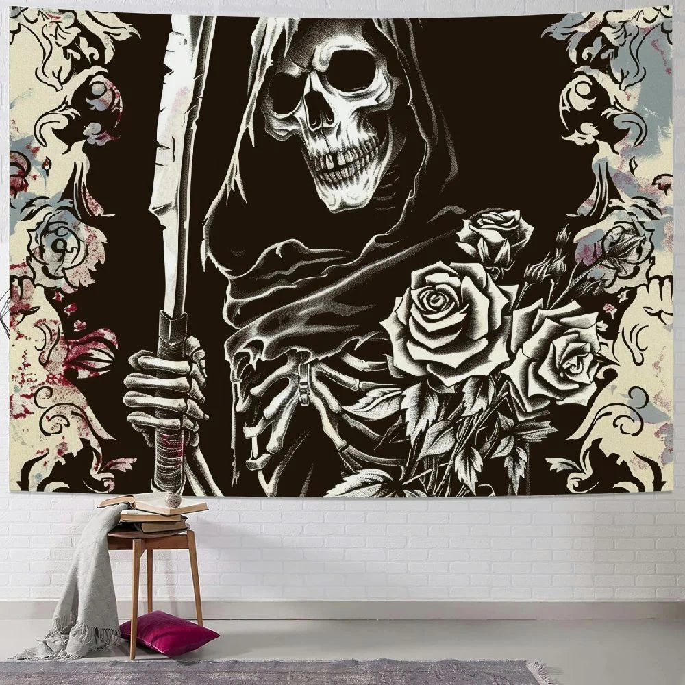 Skull Wall Hanging Grim Reaper Floral Tapestry Gothic Tarot Card Tapestry ghost Death theme Black skeleton Tapestry Art Home Decor for Bedroom Living Room