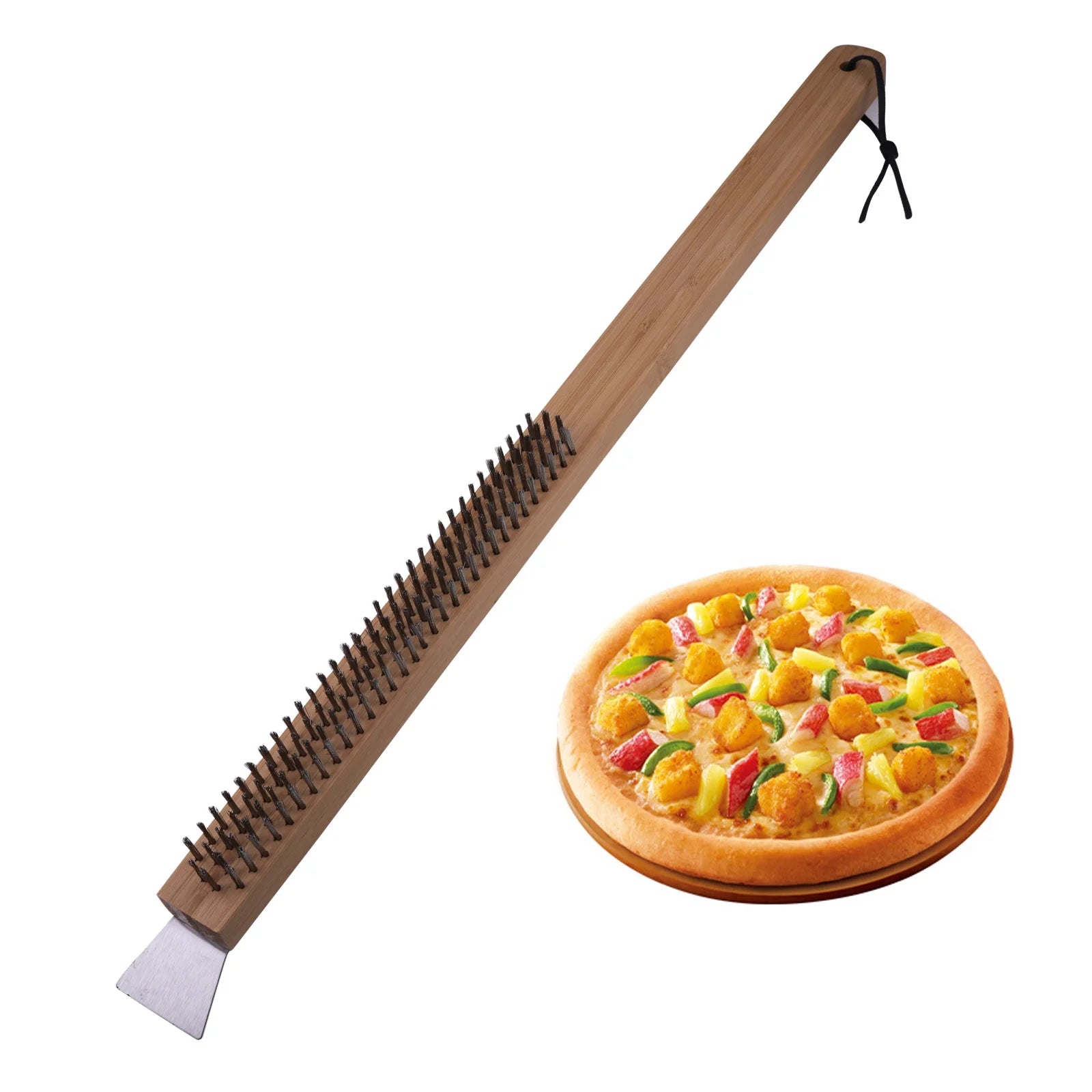 Fridayparts Pizza Oven Brush,Copper Wire Pizza Stone Cleaning Brush with Scraper,Outdoor Pizza Oven Accessories