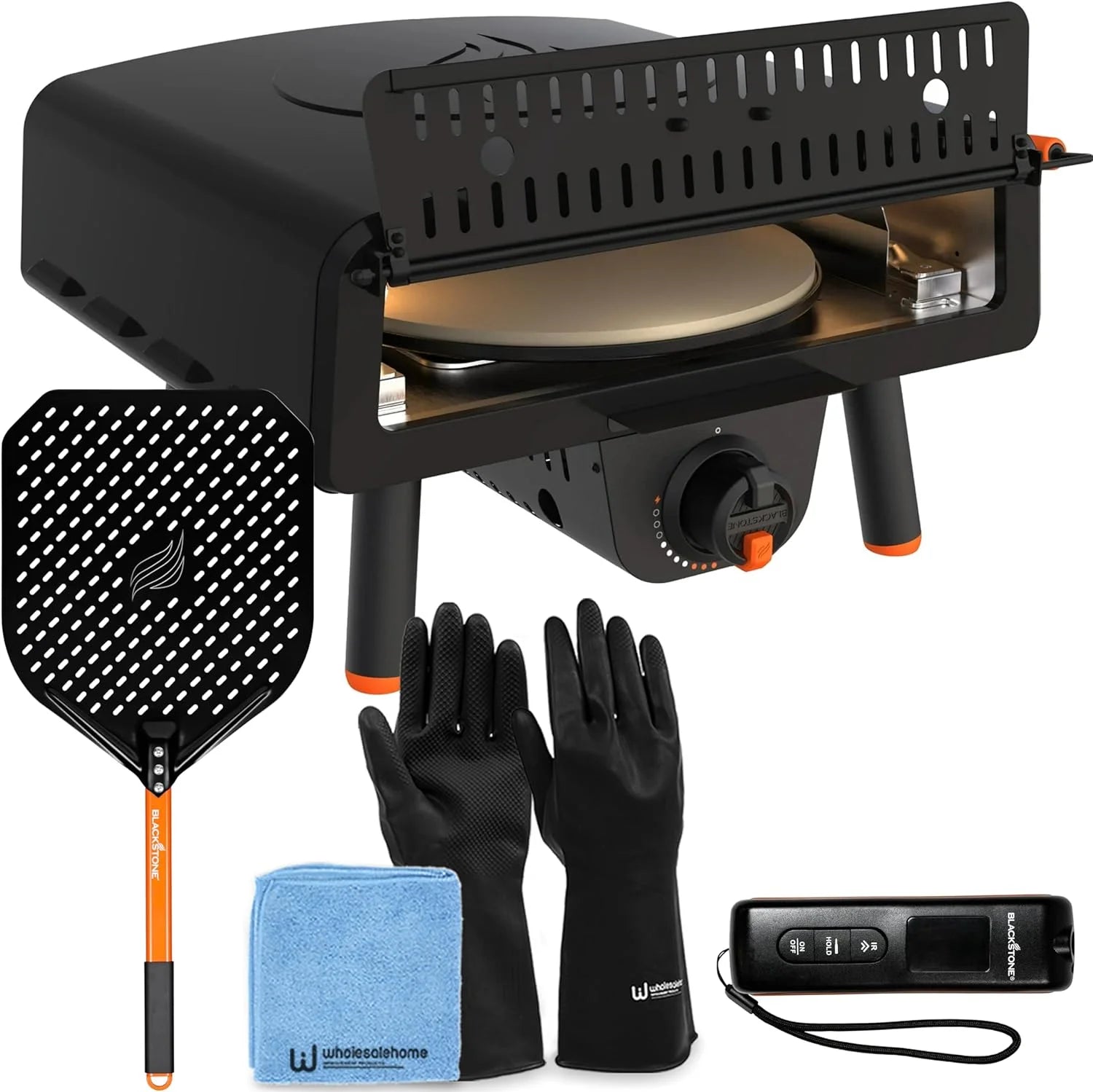 Blackstone Leggero Pizza Oven, Portable Outdoor Pizza Oven with 13 Rotating Stone, Blackstone Infrared Thermometer with Probe, Blackstone Black Aluminum Pizza Peel, and Wholesalehome Gloves & Cloth