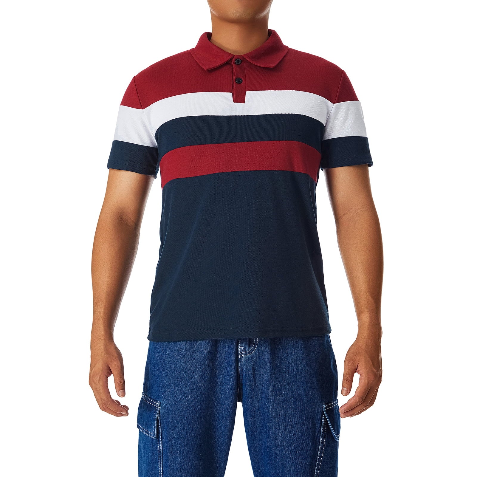 Mens Polo Shirt Short Sleeve Color-Contrast Stripe Slim-Fit Button Lapel T-Shirt Classic Tops Plus Size