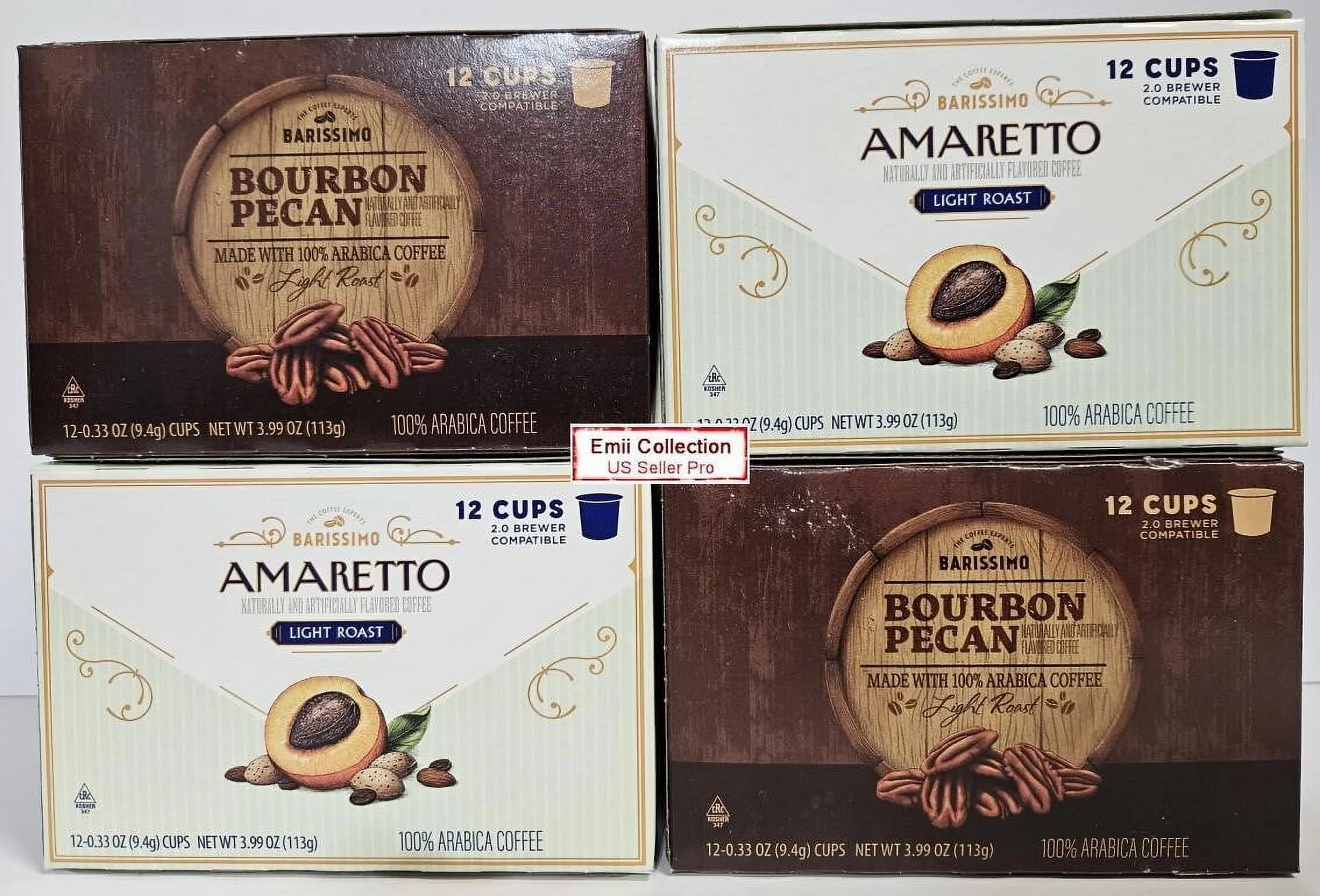 Barissimo Coffee Light Roast Amaretto and Bourbon Pecan 12 Cups 3.99oz 113g (4 Boxes)