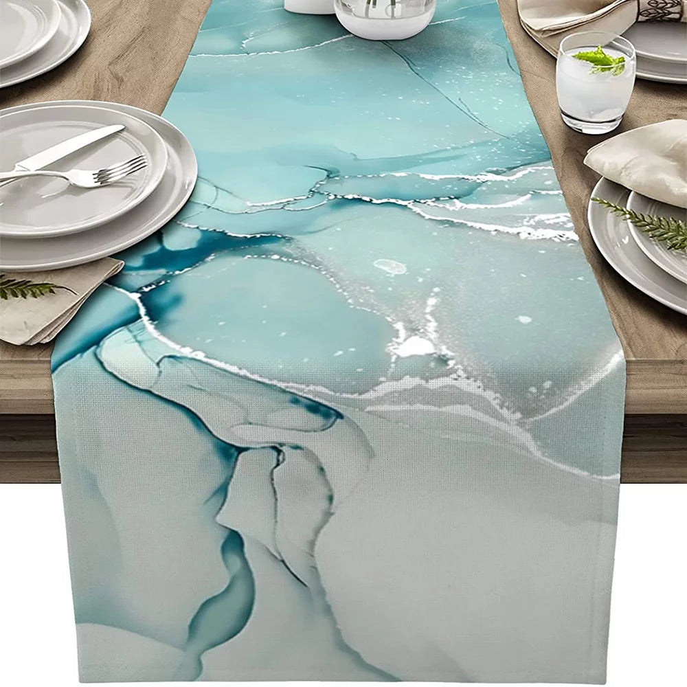 Marble Aqua Table Runner Teal Turquoise Table Runners for Dining Room Kitchen, Wedding, Holiday Party Table Decor 13x72