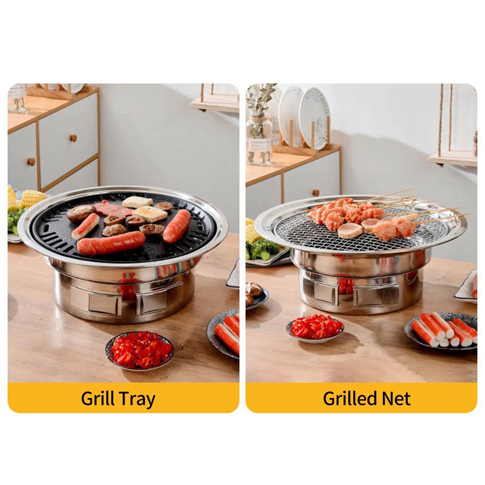 Anself 13 Inch Korean BBQ Grill Multifunctional Charcoal Barbecue Grill Round Camping Grill Stove Tabletop Smoker Grill Grilled Net & Tray for Courtyard Picnic Beach BBQ
