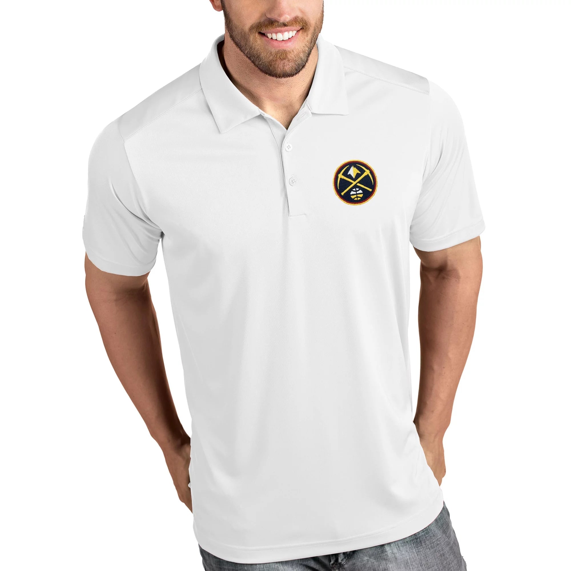 Men's Antigua White Denver Nuggets Tribute Polo