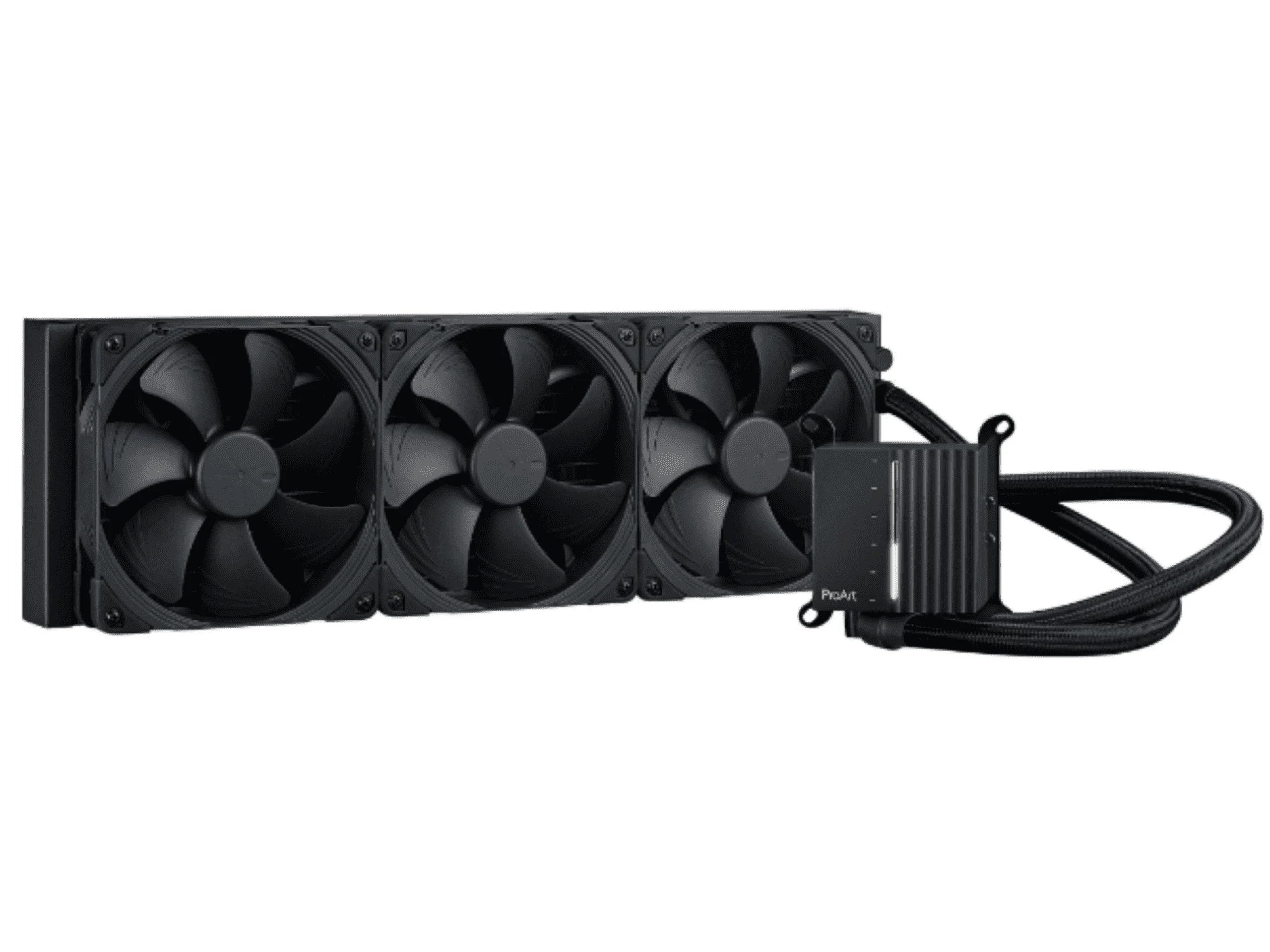 ASUS ProArt LC 420 all-in-one CPU liquid cooler with illuminated system status meter and three Noctua NF-A14 industrialPPC-2000 PWM 140mm radiator fans