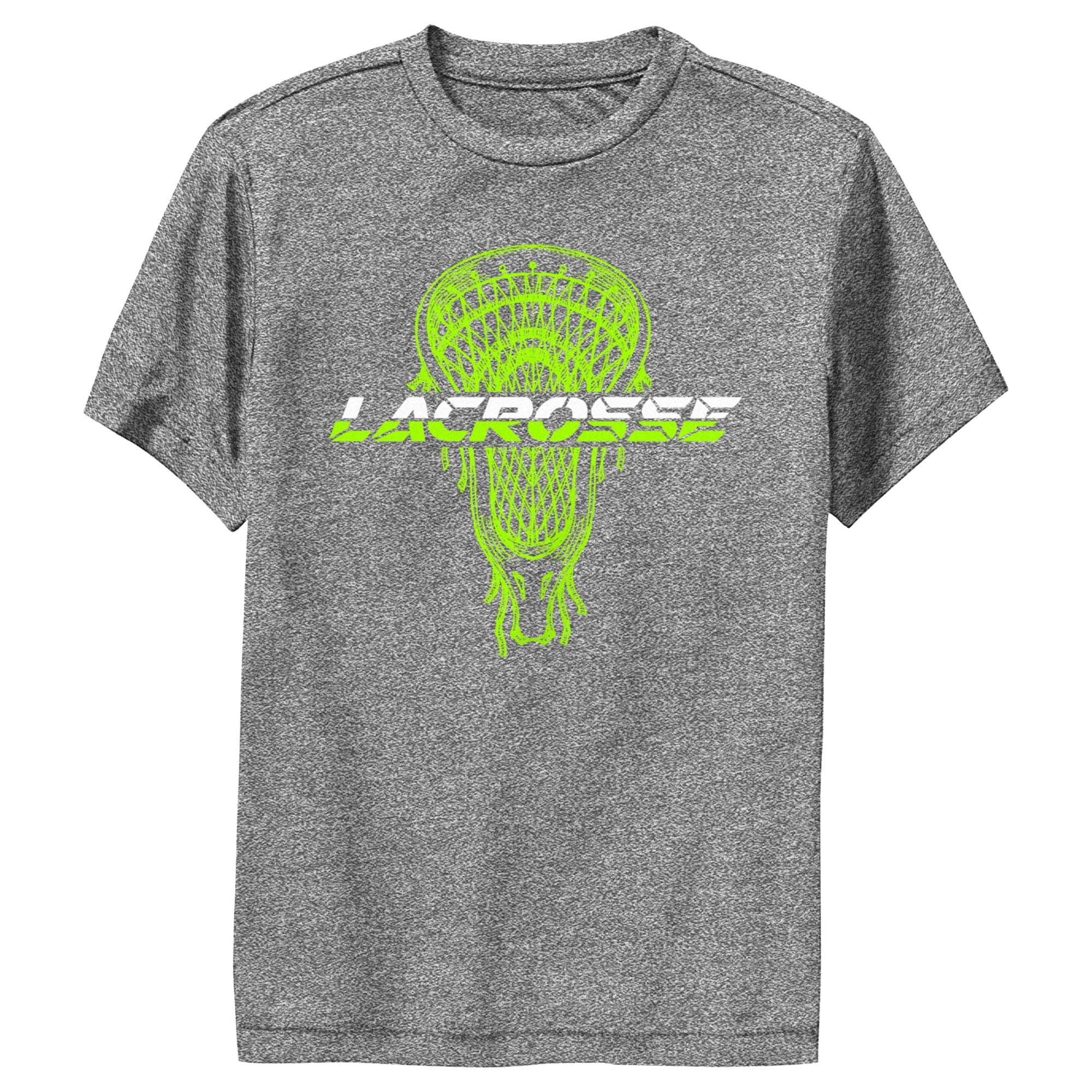 Boy's Lost Gods Lacrosse Stick Neon Green  Performance Graphic Tee Charcoal Heather Medium