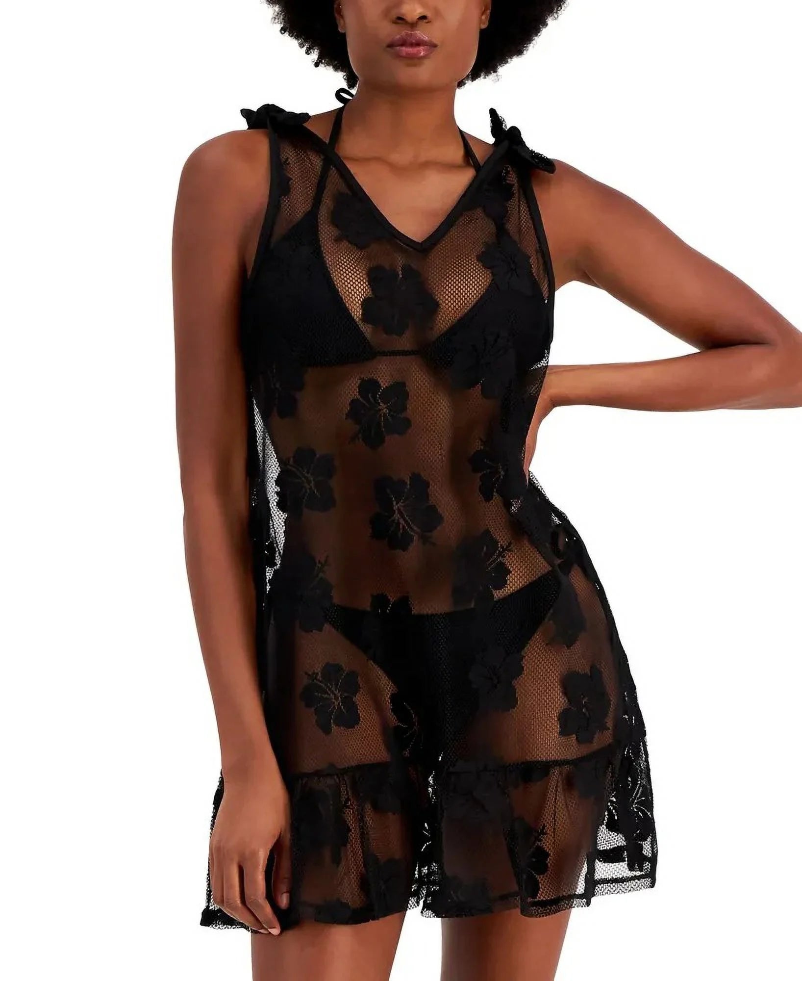 Miken Junior's Tie Shoulder Ruffle Hem Cover Up Dress Swimsuit Black Size Medium