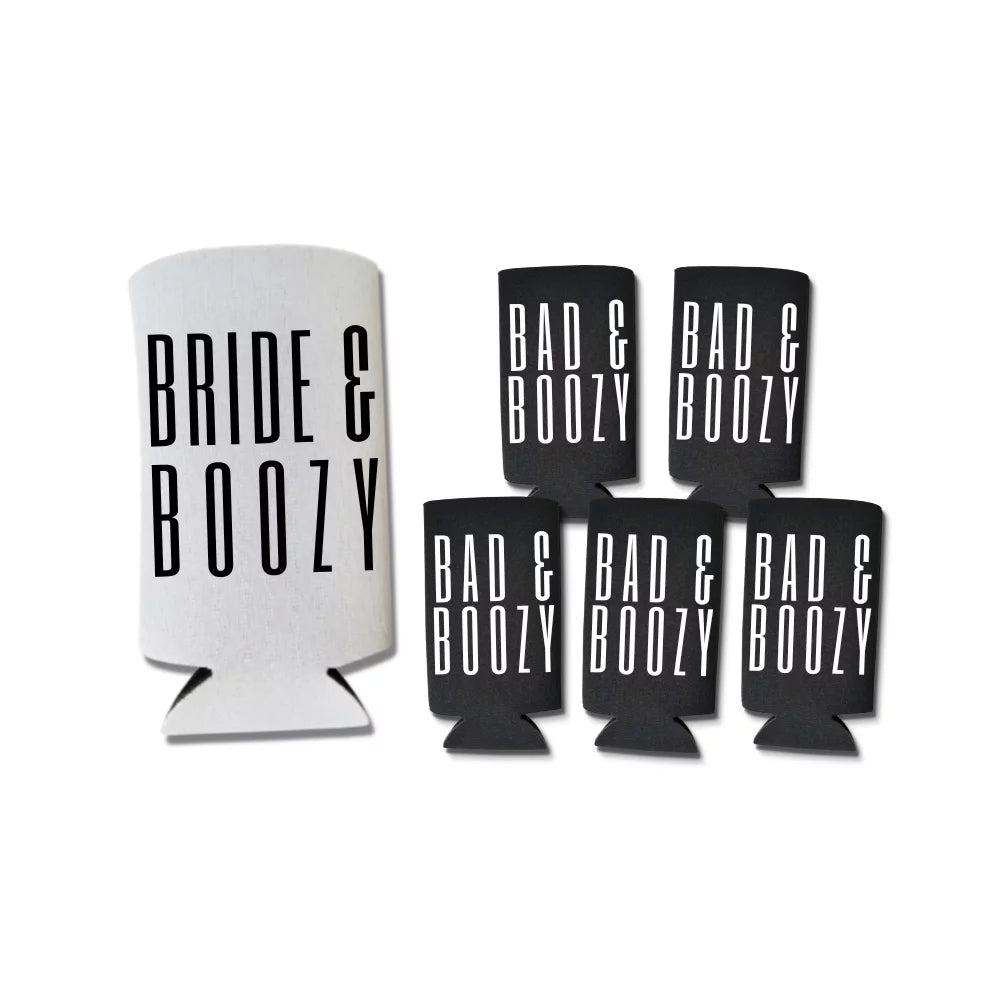 Bad and Boozy, Bride & Boozy Bachelorette Party Slim Spiked Seltzer Coolers, Wedding Slim Coolers, Wedding Coolies, Bachelorette Party Gifts (6-Pack, 1 White & 5 Black)