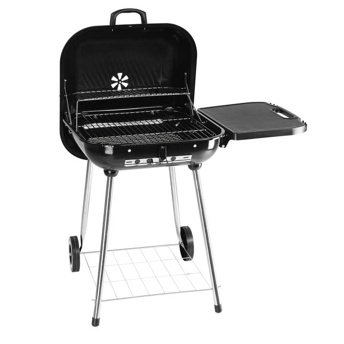 28 Portable Charcoal Grill with Wheels and Foldable Side Shelf, Large BBQ Smoker with Adjustable Vents on Lid for Outdoor Party Camping Picnic