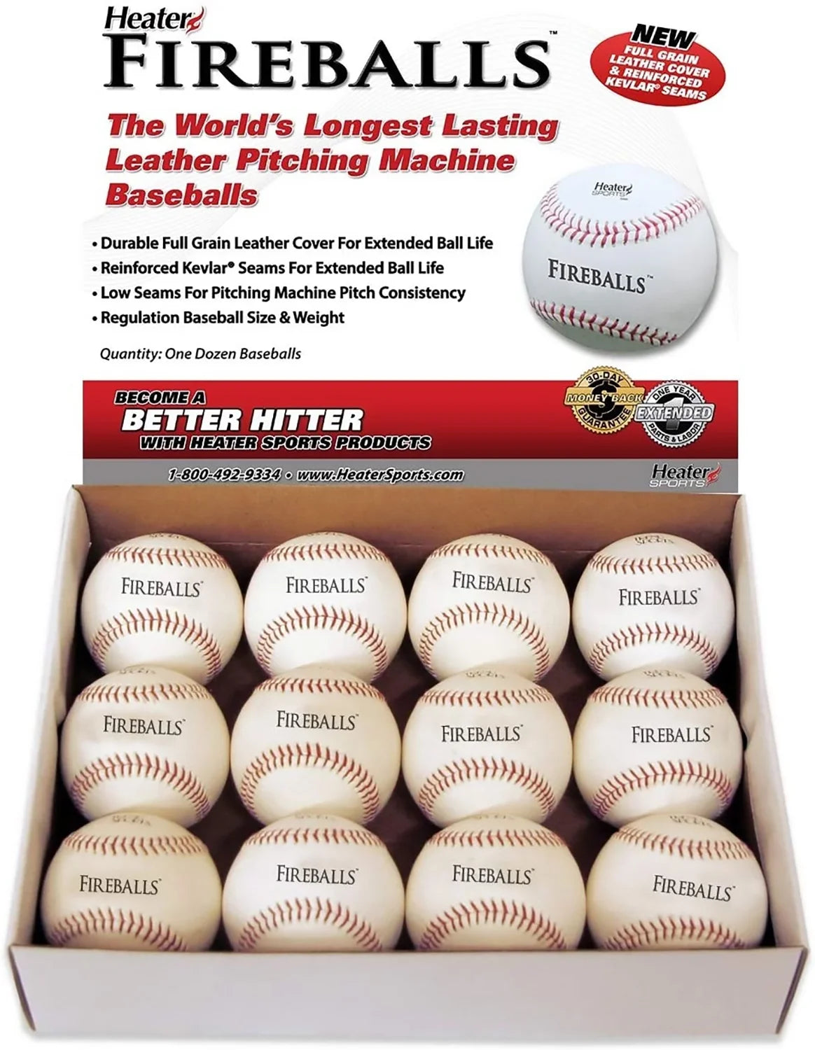 Heater Sports Fireball Kevlar Seamed Genuine Leather Pitching Machine Baseballs - 12 Pack