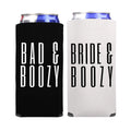 Bad and Boozy, Bride & Boozy Bachelorette Party Slim Spiked Seltzer Coolers, Wedding Skinny Coolers, Wedding Coolies, Bachelorette Party Gifts (2-Pack, 1 White & 1 Black)