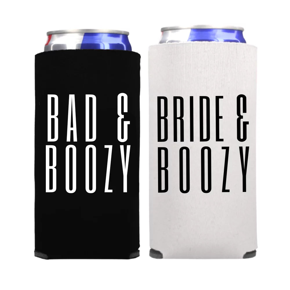 Bad and Boozy, Bride & Boozy Bachelorette Party Slim Spiked Seltzer Coolers, Wedding Skinny Coolers, Wedding Coolies, Bachelorette Party Gifts (2-Pack, 1 White & 1 Black)