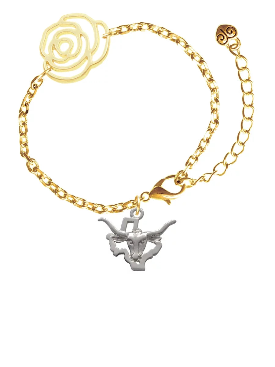 Delight Jewelry Silvertone Longhorn - Texas Gold-tone Flower Link Chain Bracelet, 6.75+2 Extender