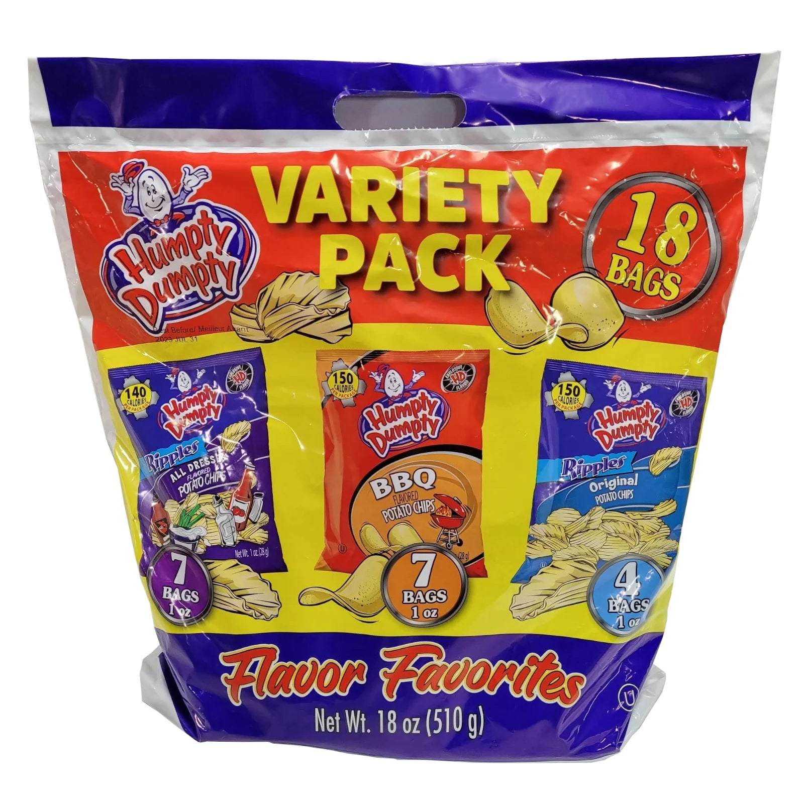 Humpty Dumpty Chips, Assorted 18 Pack, 1oz Snack Bags (BBQ, All Dressed, Regular Ripple)