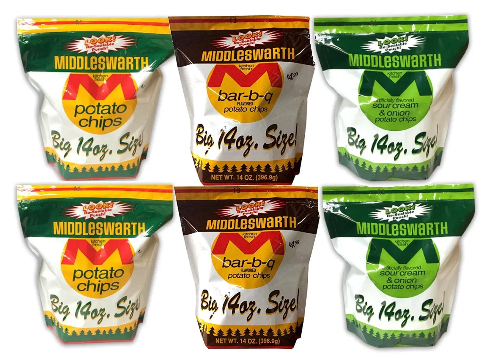 Middleswarth Kitchen Fresh Potato Chips Original, BBQ, Sour Cream & Onion, Variety 6-Pack 12 Oz. Big Bags