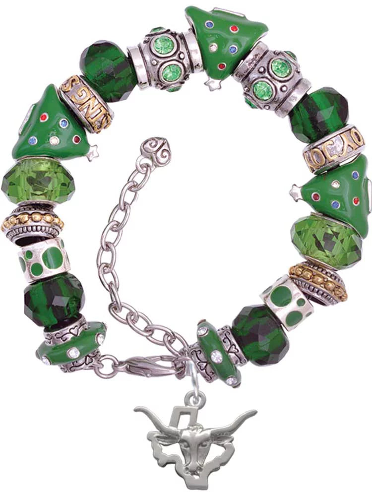 Silvertone Longhorn - Texas Green Christmas Bead Bracelet