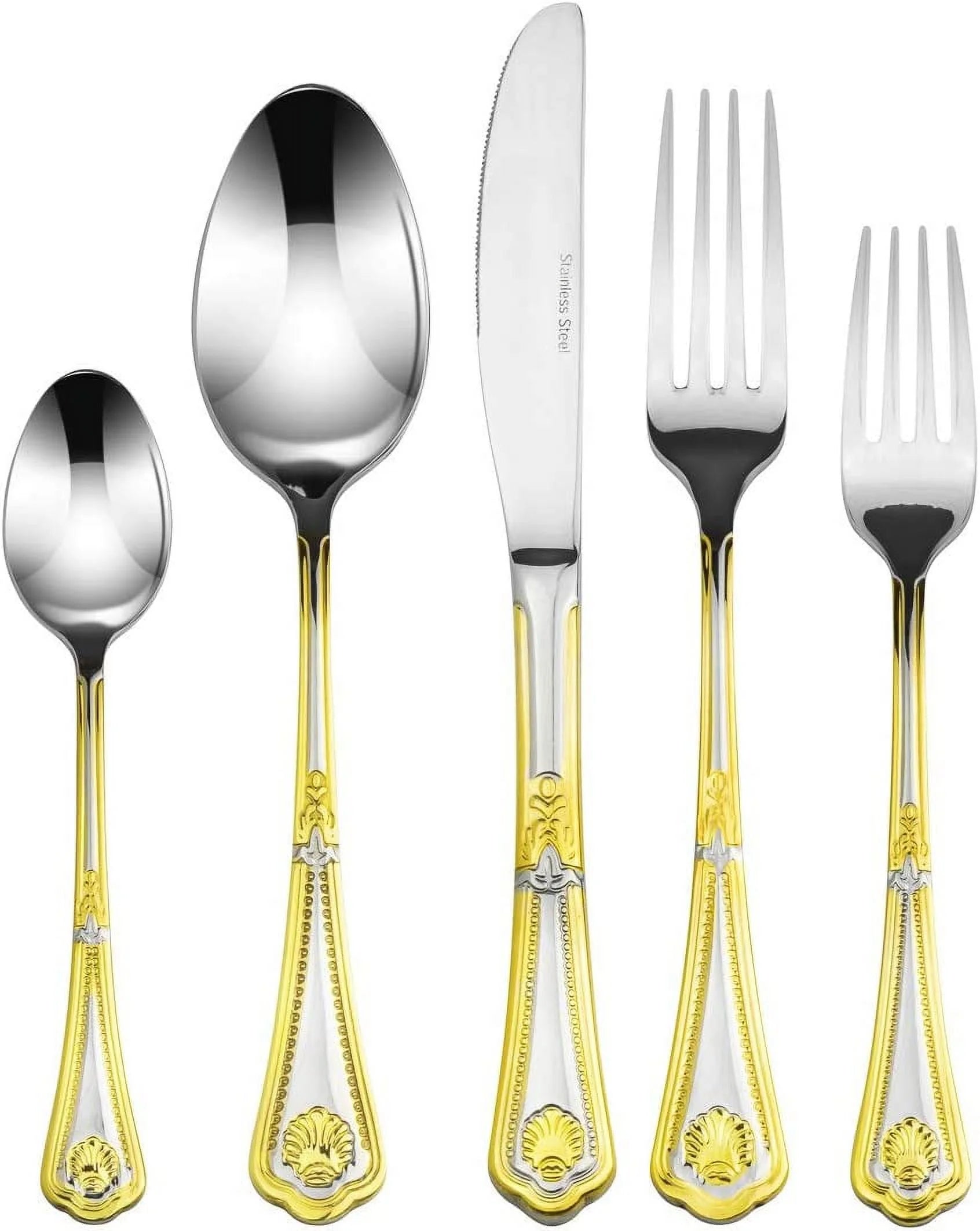 Fine Flatware Set, Silverware Cutlery Dining Service For 8, Premium 18/10 Surgical Stainless Steel, 24K Gold-Plated Trim (Gold Sets ) (Seashell)