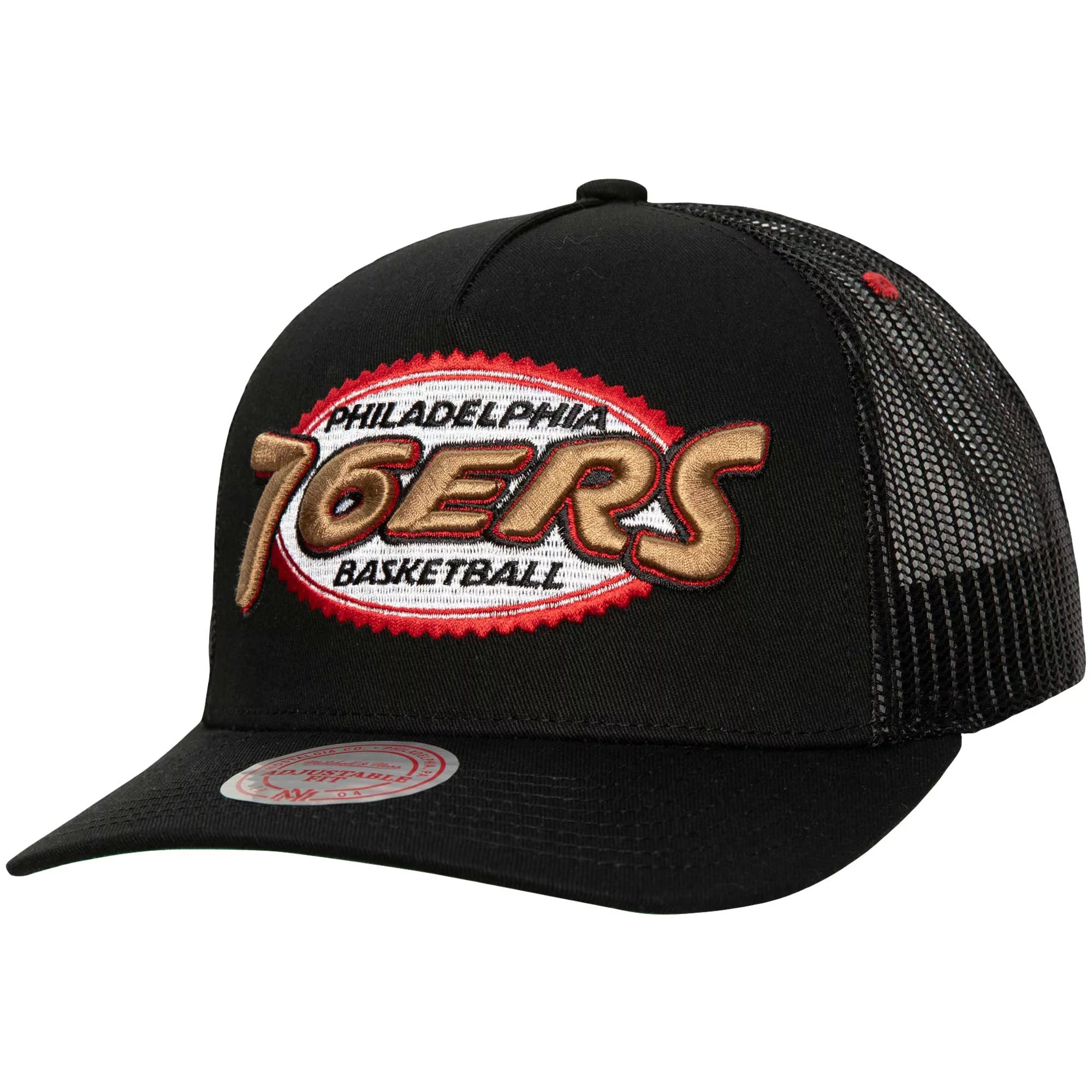 Men's Mitchell & Ness Black Philadelphia 76ers Team Seal Trucker Snapback Hat - OSFA