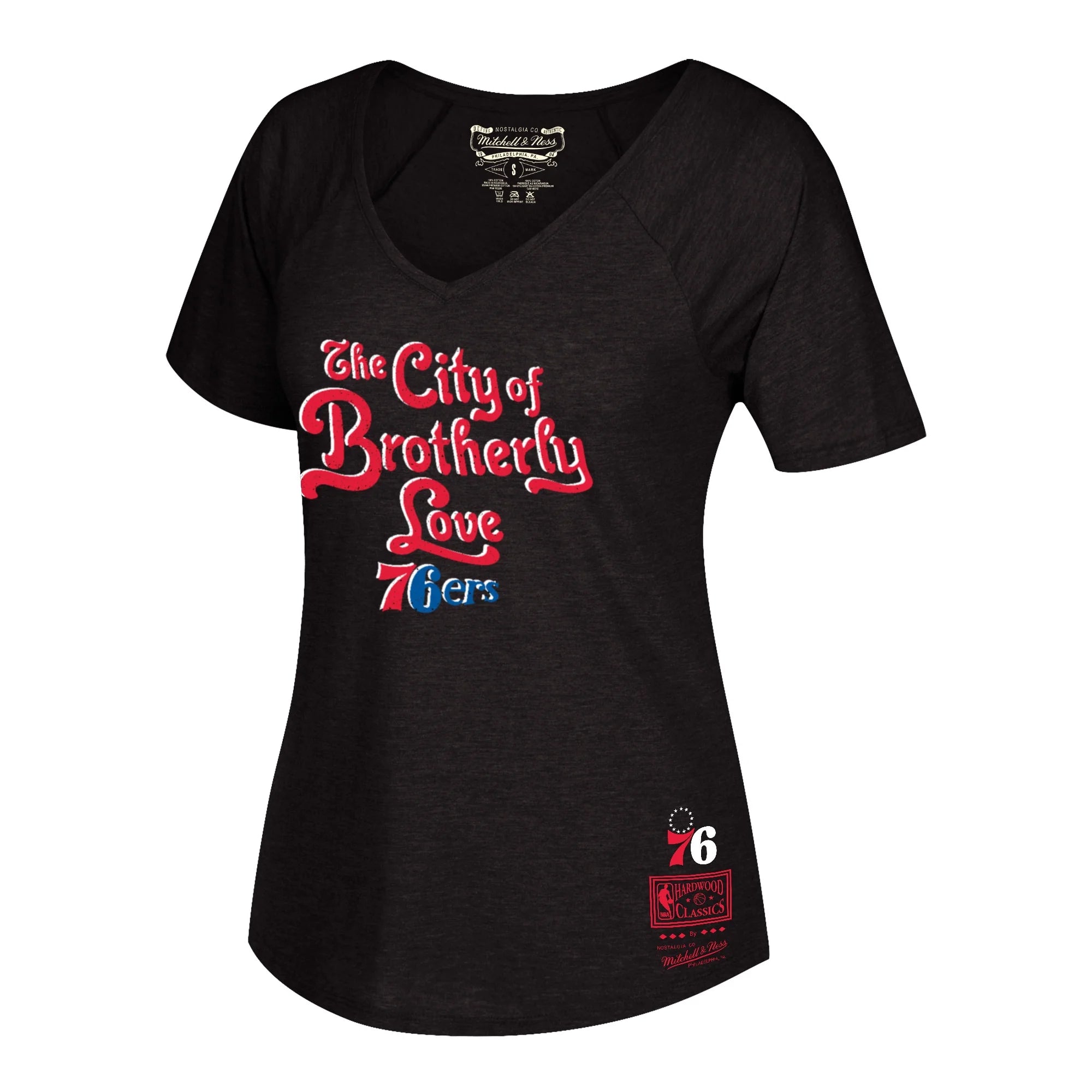 Women's Mitchell & Ness Charcoal Philadelphia 76ers Hardwood Classics The City of Brotherly Love Hometown V-Neck T-Shirt